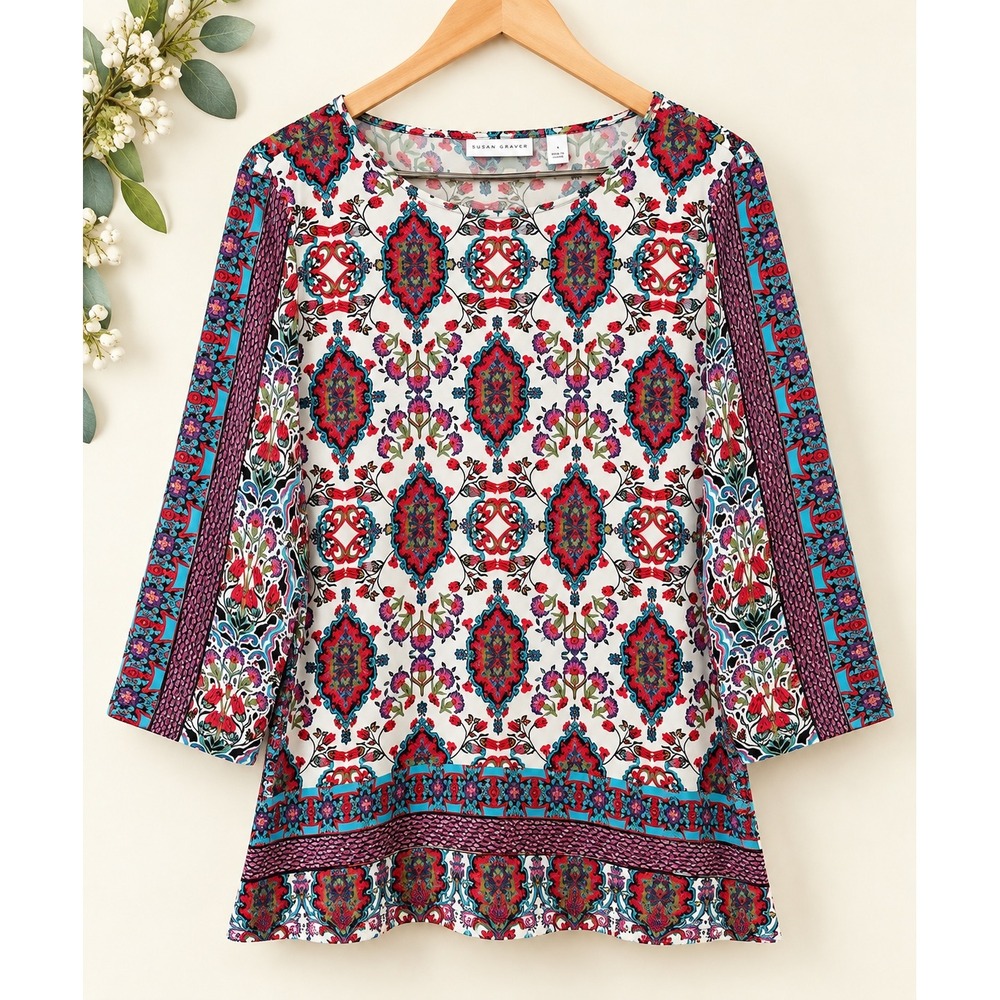 Susan Graver Womens XL Medallion Floral 3/4 Sleeve Tunic Top White Red Blue
